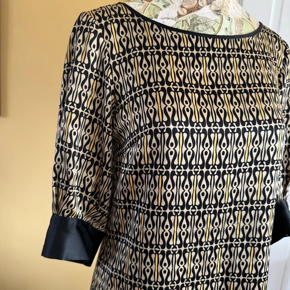 Claude Brown 100% Silk Black and Cream Patterned Women's Shift Dress 2 - Picture 8 of 13